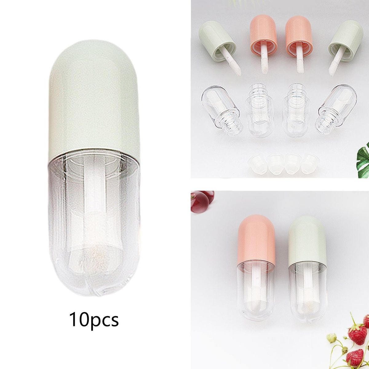 10x Lipgloss Container With Insert Stoppers  For DIY Green