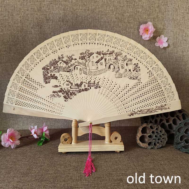 Fan Antique Fans Lady Wood Hand-made Decoration Incense Hollow Craft Folding Vintage Chinese Wood Printing Style 1Pcs Carving