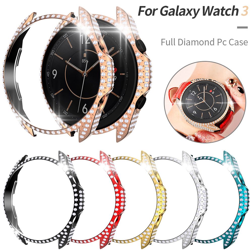 (Silver)Luxury Full Diamond PC Case For Samsung Galaxy Watch 3 45mm 41mm Cover Women Protective Shell Watch3 Bumper Bling Hollow Frame XXA