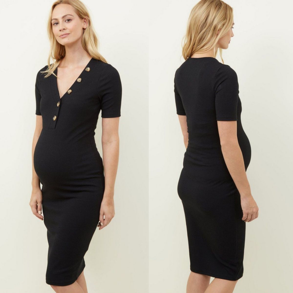 Vneckline Button Black Maternity Dress