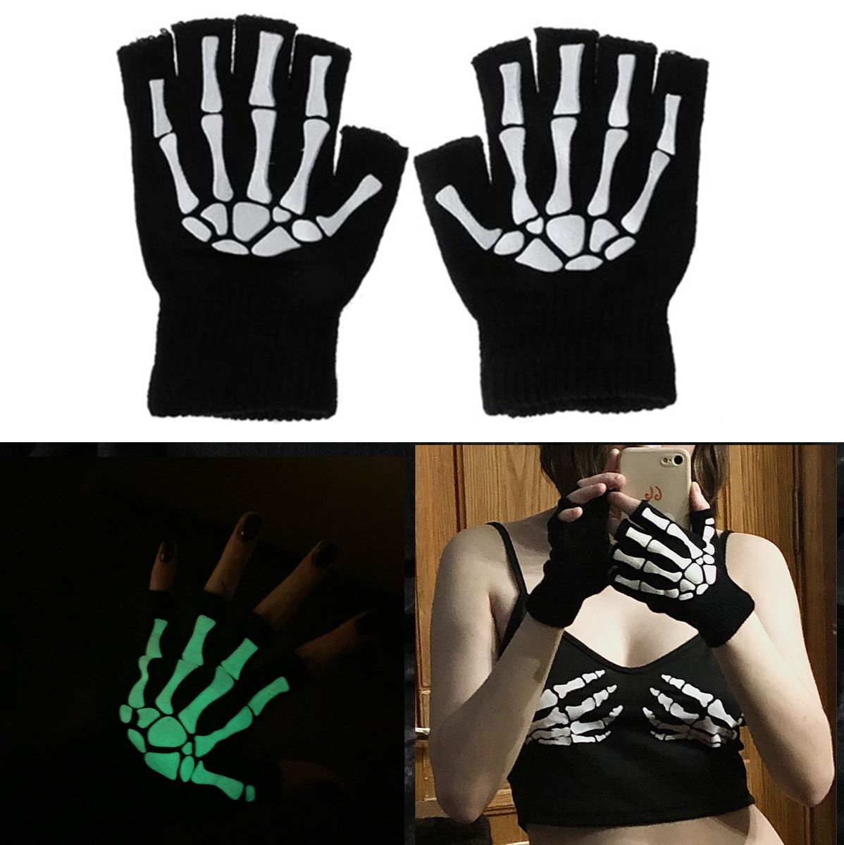 Warm Knitting Gloves For Adult Solid Acrylic Half Finger Glove Human Skeleton Head Gripper Print Cy