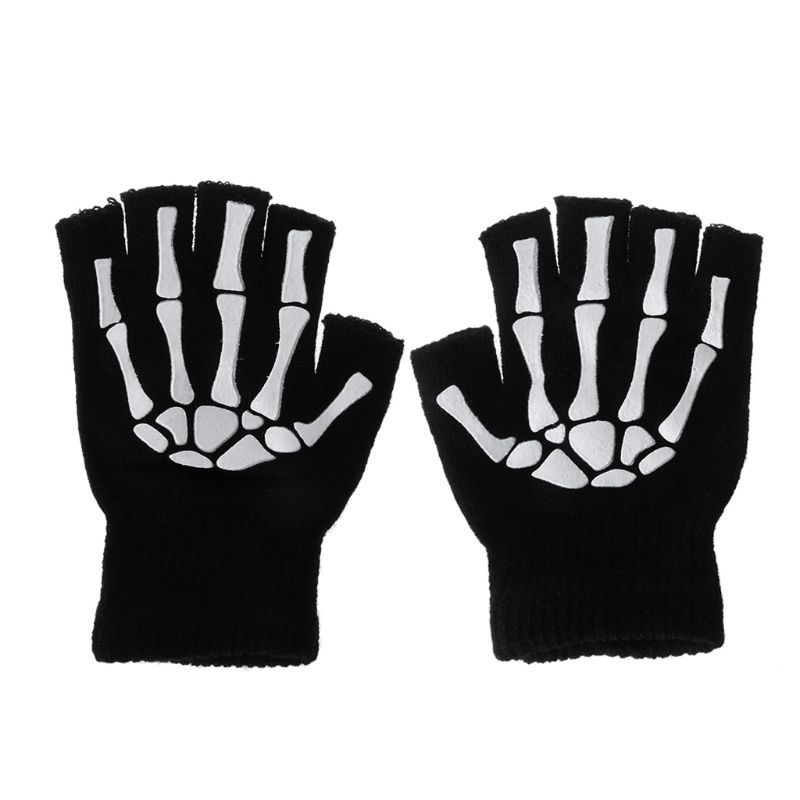 Warm Knitting Gloves For Adult Solid Acrylic Half Finger Glove Human Skeleton Head Gripper Print Cy