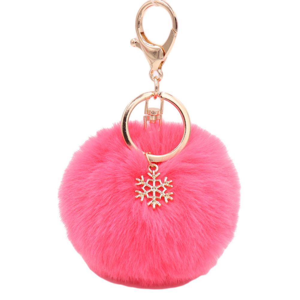 Snowflake Fluffy Pompom Ball Key Chain Ring-Orange-red**