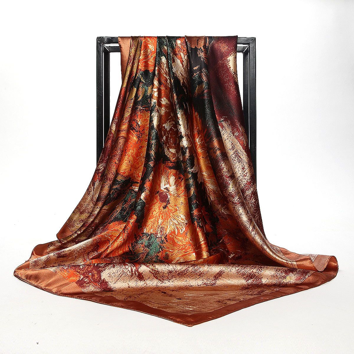 Bandana Scarf Big Square Silk Oil Painting Shawl Foreign Friends Gift Headscarf Floral Shiny Lady Women Muslim Hijab Brown