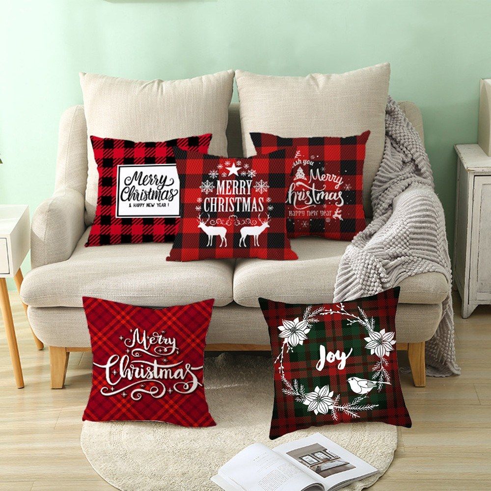 Christmas Style Pillowcase Red Plaid Cushion Cover Square