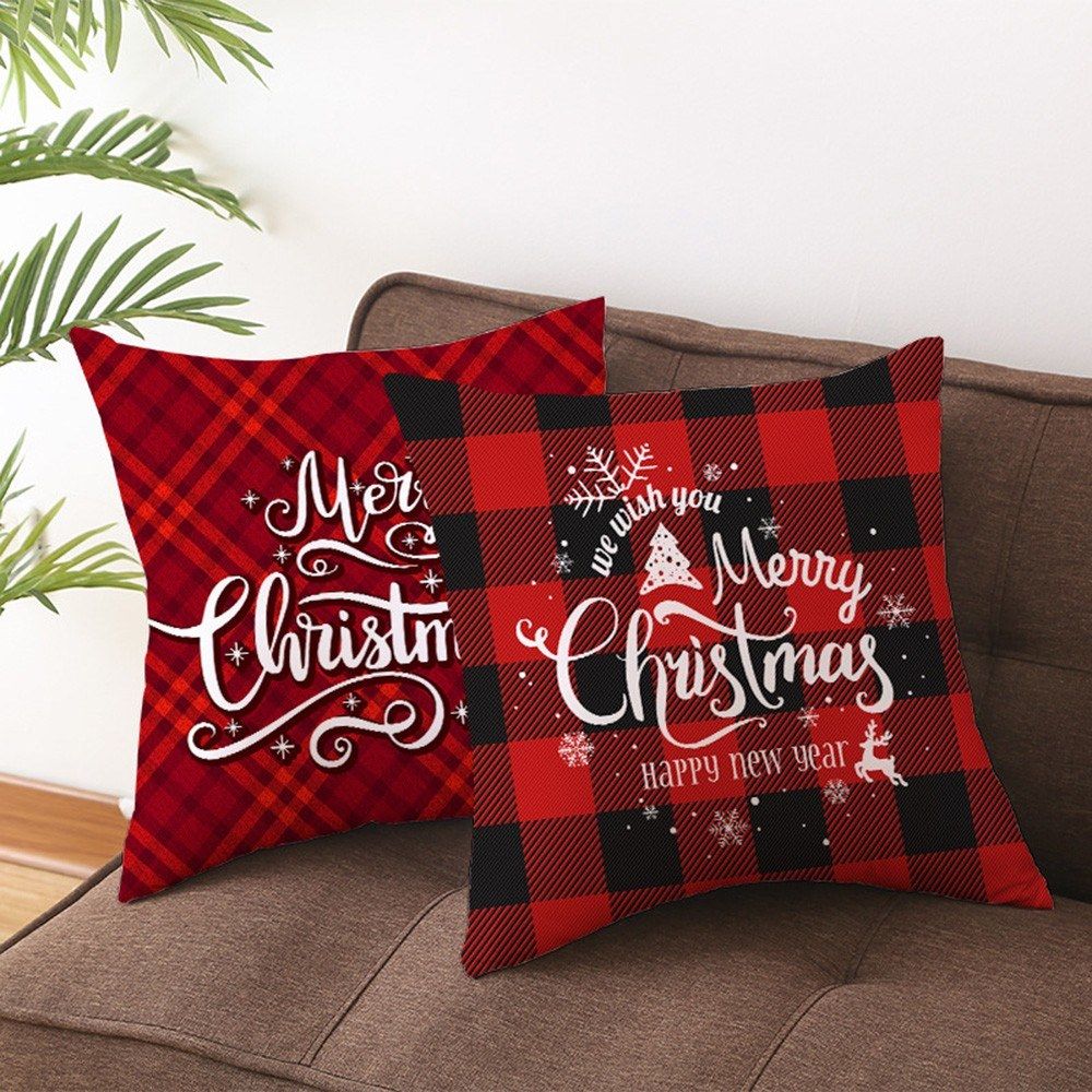 Christmas Style Pillowcase Red Plaid Cushion Cover Square
