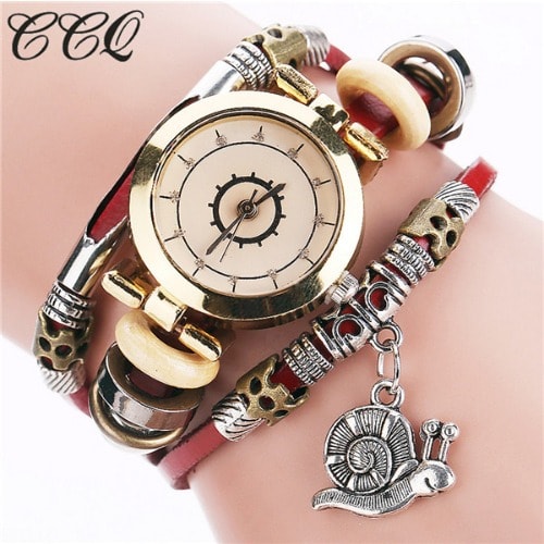 Snail Pendant Women Leather Bracelet Watch - Red