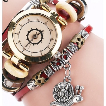 Snail Pendant Women Leather Bracelet Watch - Red