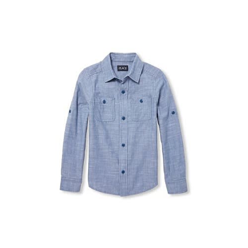 Chambray Turn-up Long Sleeve Shirt -blue