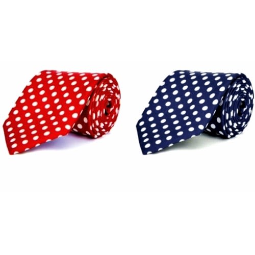 Set Of 2 Men's Dotted Long Ties With Pocket Squares - Navy & Red