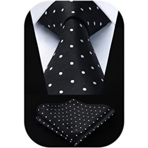 Men's Dotted Long Tie With Pocket Square  - Black