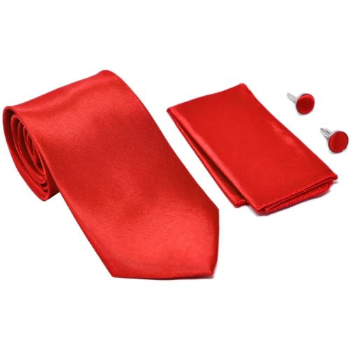 Men's Long Tie With Cufflinks And Pocket Square  - Red
