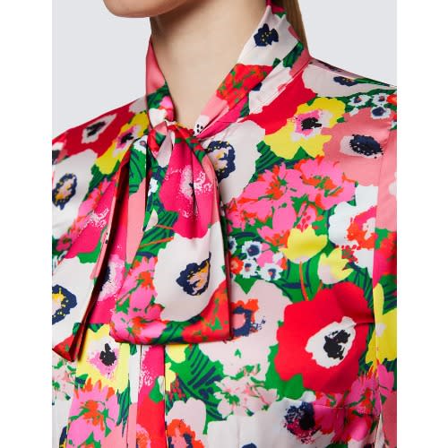 Women's  Large Poppy Print Pussy Bow Blouse -Red & Green