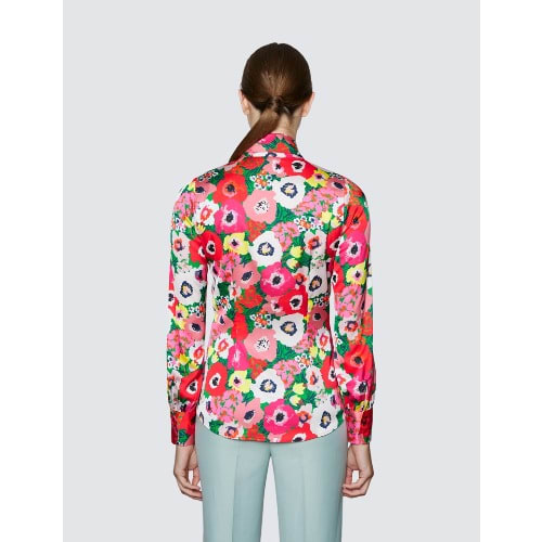 Women's  Large Poppy Print Pussy Bow Blouse -Red & Green