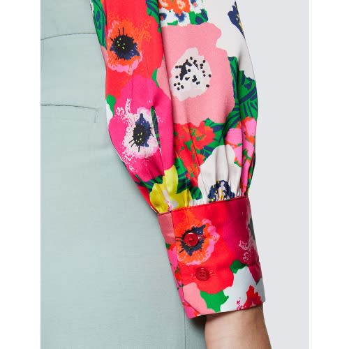 Women's  Large Poppy Print Pussy Bow Blouse -Red & Green