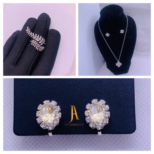 Ladies Necklace Set + Ring + Clip Earring Bundle