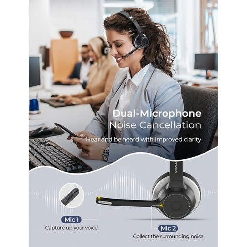 Hc5 V5.0 Bluetooth Headset With Dual Mic, 22hrs Talk Time With Cvc8.0 For Call Center