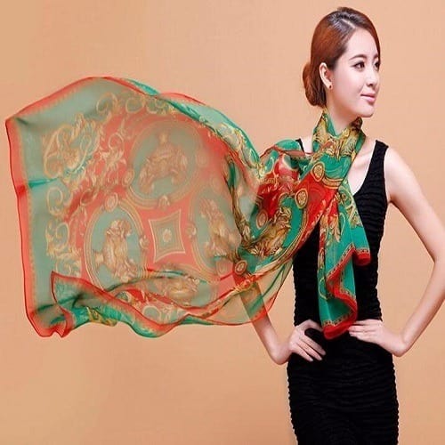 Soft Silk Scarf - Floral Green & Red