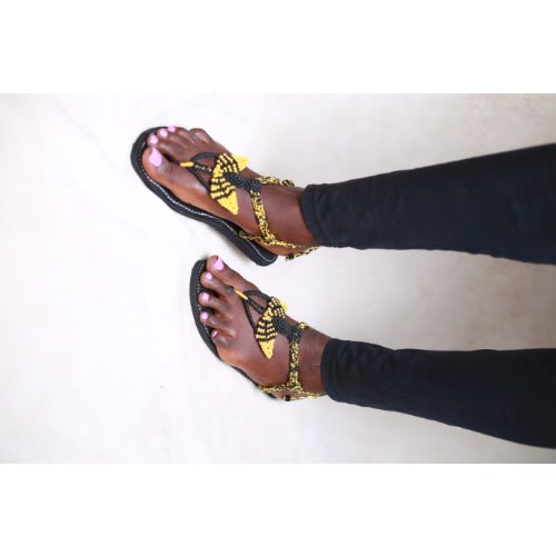 Macrame Rosebud Split Toe Sandals - Yellow/black