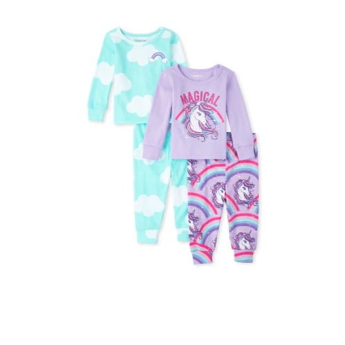 Girls Magical Unicorn Rainbow-Clouds Cotton Snug Fit Pyjamas Sleepwear- 4 Pieces - lilac Aqua