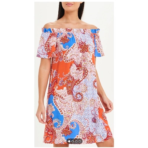 Off Shoulder Flare Dress - Orange