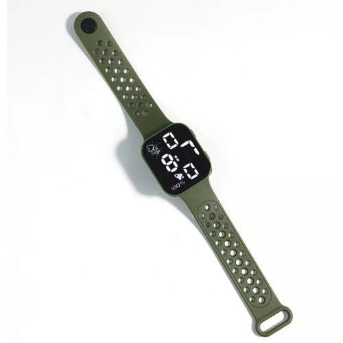 Square Face Hollow Strap Unisex LED Watch- Army Green