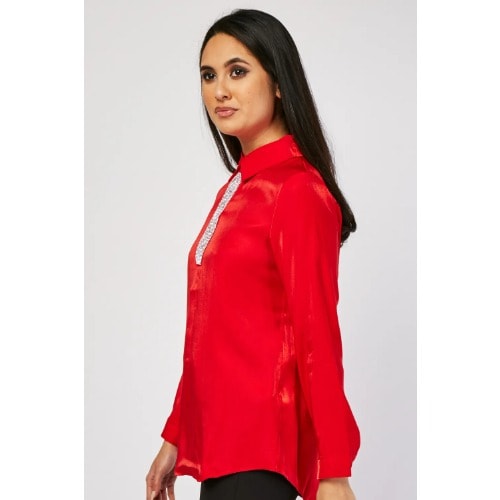 Red Encrusted Front Long Sleeve Shirt