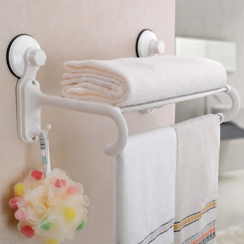 Towel Rack/hanger With Magic Suction Cup - 5 Crossbars & 2 Hooks- White