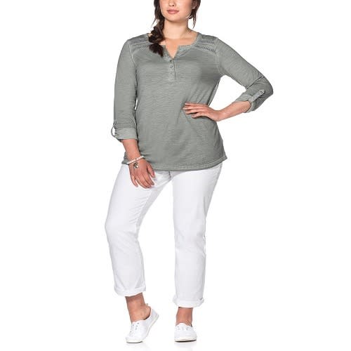 Pure Cotton Oil-dyed Lace Insert Roll Sleeve Top-plus Size
