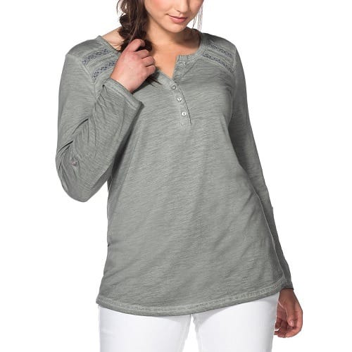 Pure Cotton Oil-dyed Lace Insert Roll Sleeve Top-plus Size