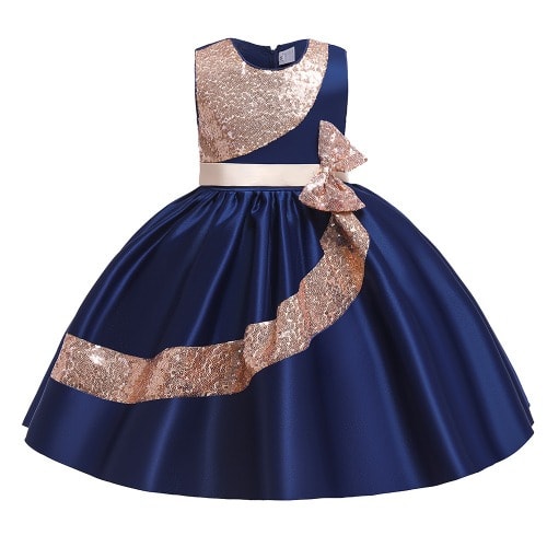 Girl  All Shimmer Chest Bow Spiral Gown - Navy Blue