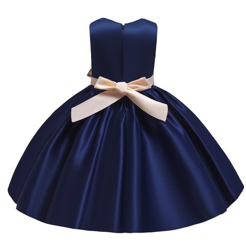 Girl  All Shimmer Chest Bow Spiral Gown - Navy Blue