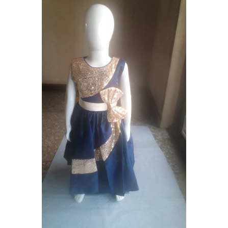 Girl  All Shimmer Chest Bow Spiral Gown - Navy Blue