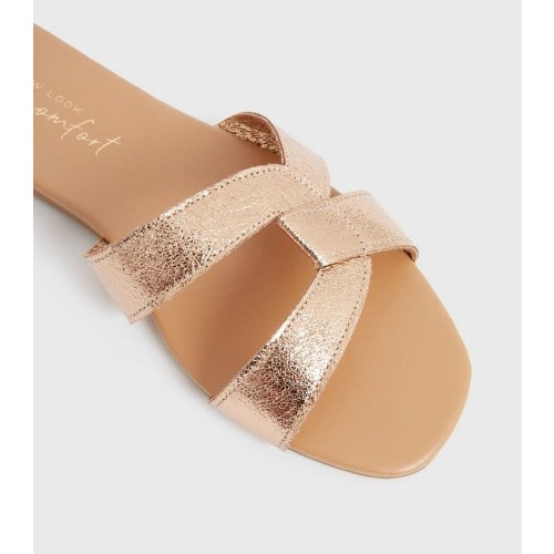 Rose Gold Metallic Cross Strap Sliders