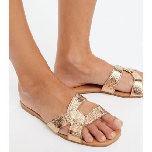 Rose Gold Metallic Cross Strap Sliders