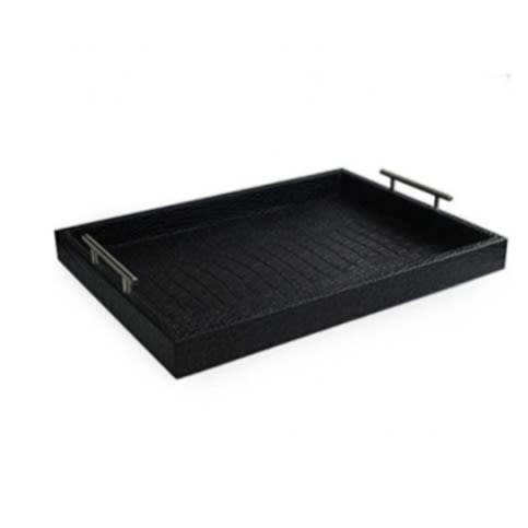 Faux Leather Decorative Tray With Metal  - Dark Grey