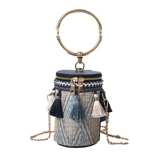 Banquets - Drum Shape Tassel Chain Circle Ring HandbagWith  Top Handle Hand Bucket - Blue