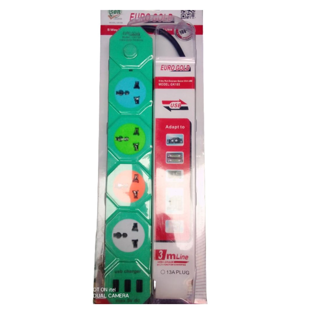 Euro Gold 4 Way + 3 USB Ports EXTENSION SOCKET