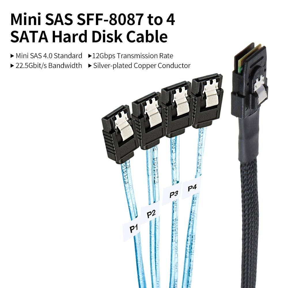 Mini SAS SFF-8087 to 4 SATA Hard Disk Cable Server Data Cable with 12Gbps Transmission Rate 22.5Gbit/s Bandwidth 1M
