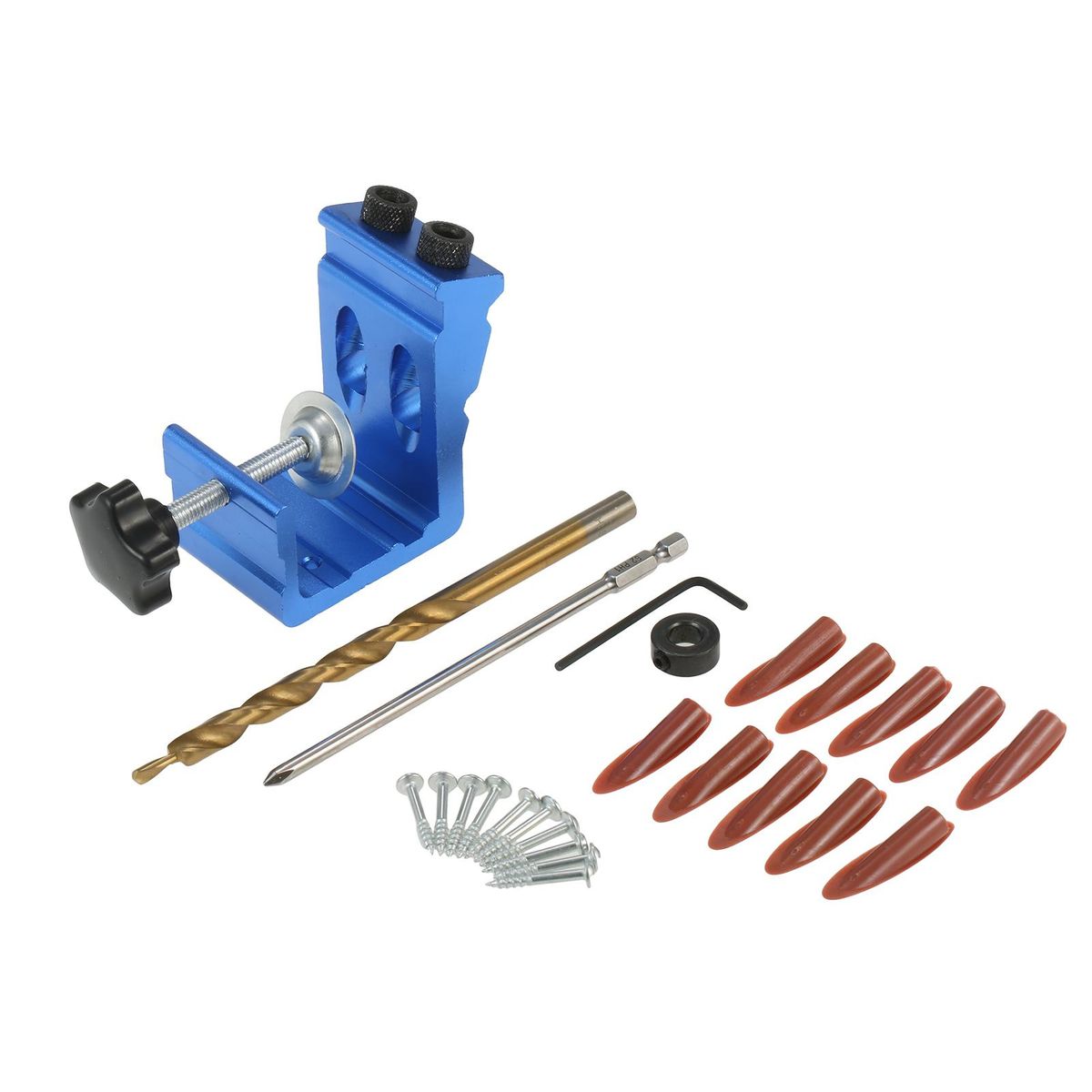 Geevorks  All in One Aluminum Pocket Hole Jig Kit 15 Degree Dowel Drill Joinery Kit Oblique Hole Locator with 9mm Step Drill Bit Doweling Hole Puncher with Buid-in Clamp
