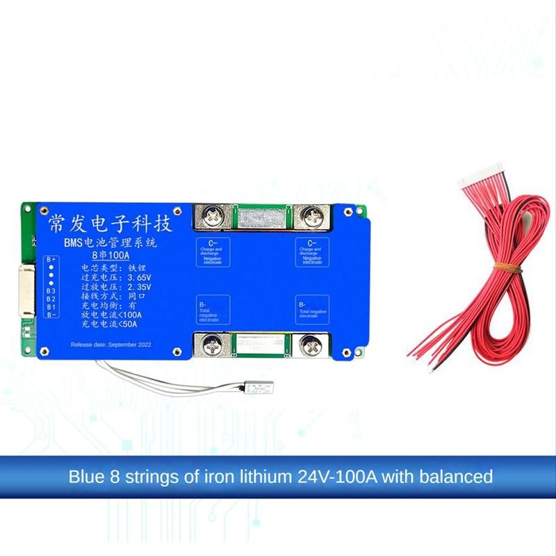8S 24V 100A LiFePO4 Battery Protection Board Same Port with Equalization Temperature Control BMS Battery Board for UPS