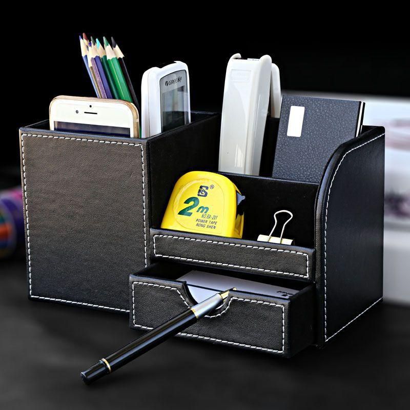 Conference Room Pen Holder Desktop Storage Organize Box Business Multifunction Pencil Case Office Stationery Storage Box of Leather