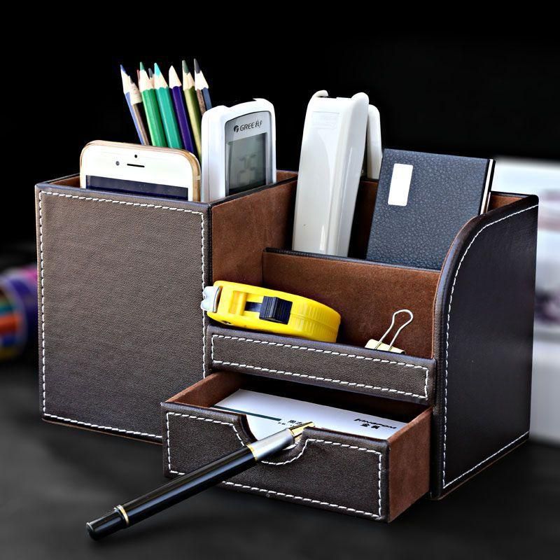 Conference Room Pen Holder Desktop Storage Organize Box Business Multifunction Pencil Case Office Stationery Storage Box of Leather