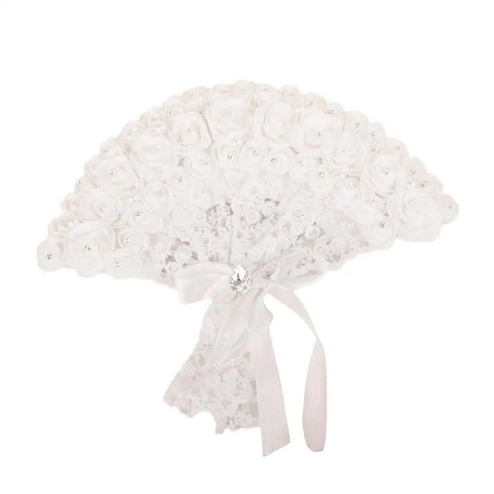 Wedding Bride Handheld Fan Pearls Lace Rose Non-foldable Elegant Fan Wedding Party Supplies Photo Shoot Stage Performance Props