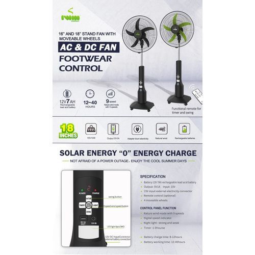 ENERGY 18 Inches Rechargeable Solar AC&DC Standing Fan