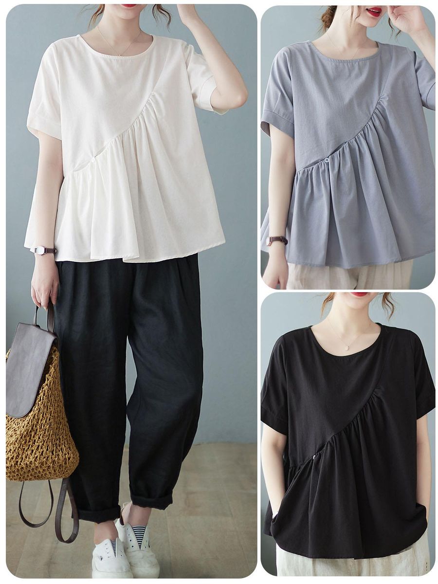 Women Loose Blouse Short Sleeved Flared Vintage Holiday T-Shirts