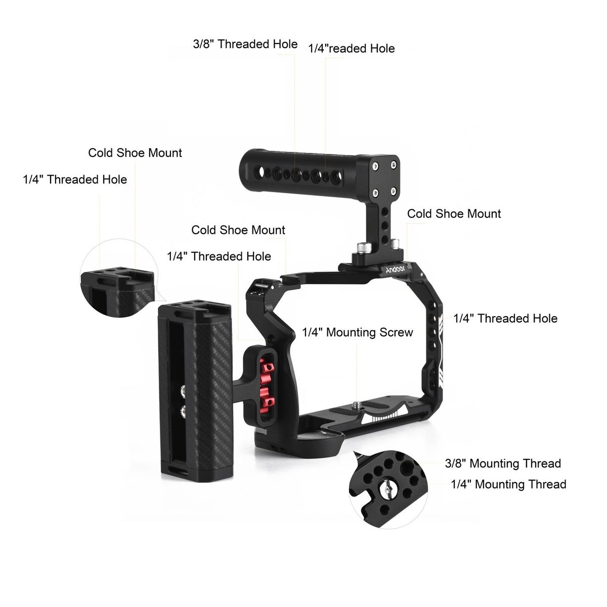 Andoer Camera Cage + Top Handle + Side Grip Kit Aluminum Alloy Video Cage with Cold Shoe Mount Numerous 1/4 Inch Threads Replacement for Canon R7 Camera