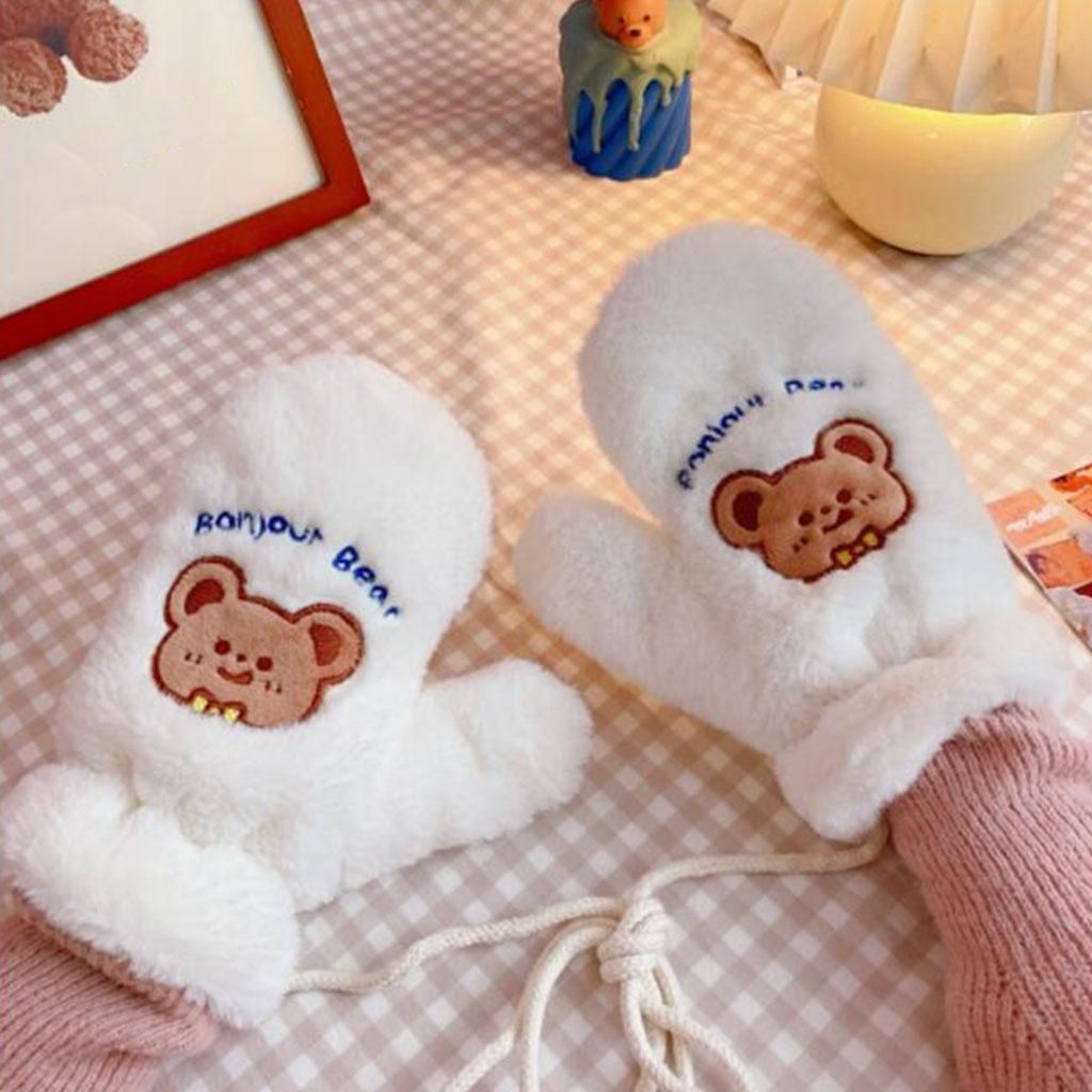Casual Warm  Full Finger Plush One Size Bear Blue Letters