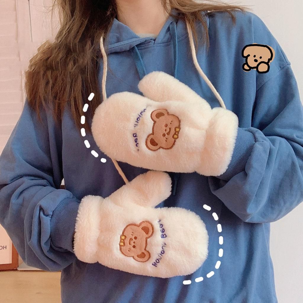 Casual Warm  Full Finger Plush One Size Bear Blue Letters