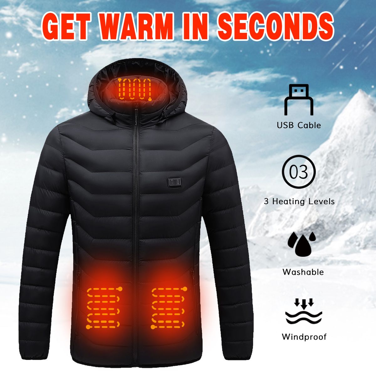 Men Heated Jackets USB Heating Detachable Hood Electric Warm
